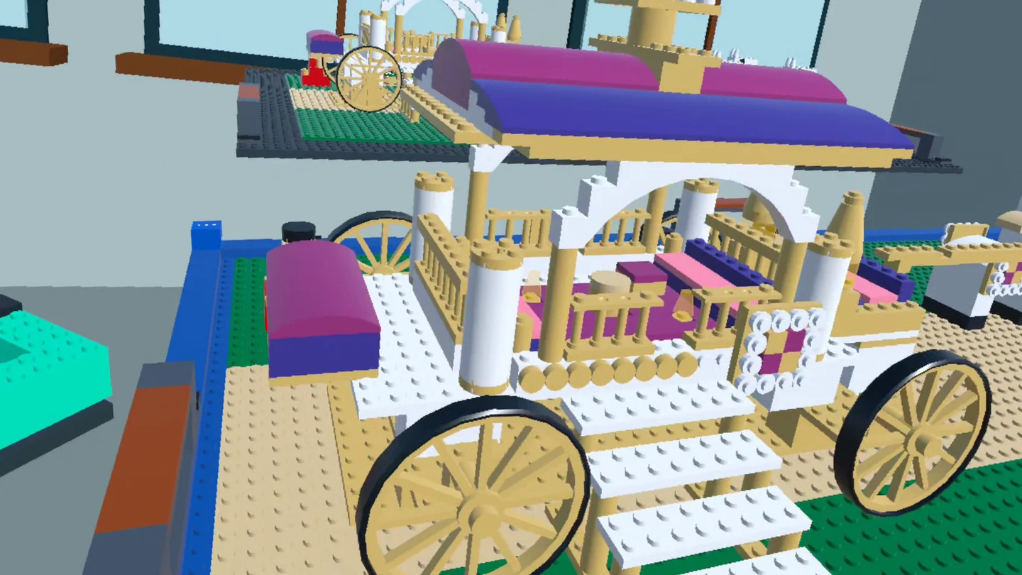 An ornate cream and purple brick-built carriage, with gold wheels and decorative details, in the game.